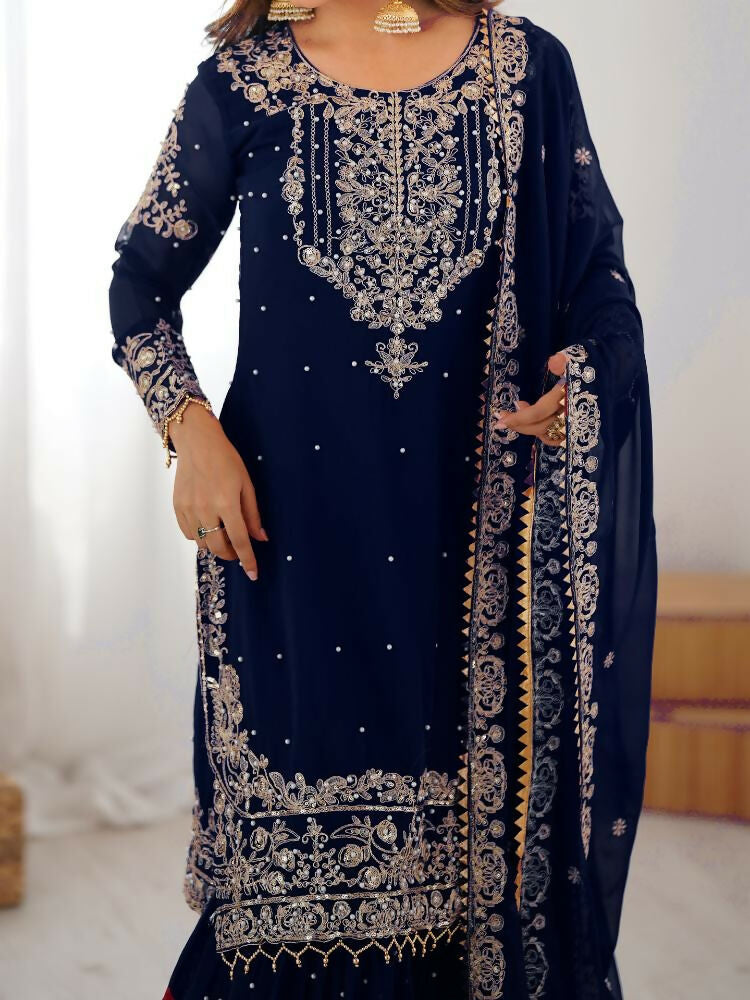 Lehenga Mart Designer Sharara Suit With Kurta, Sharara, Dupatta For Women-Teal | Grocsy