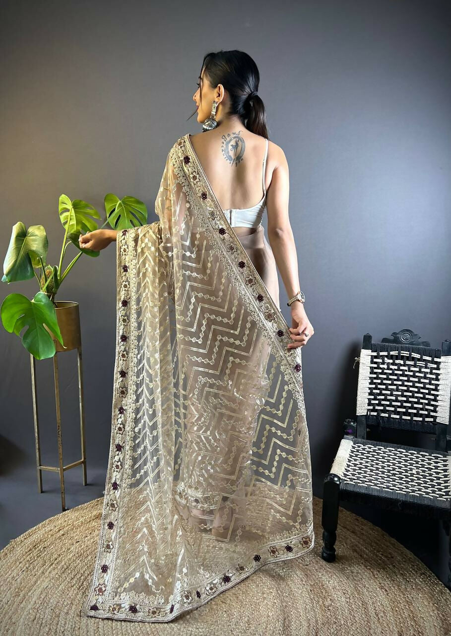 Vastranavya Butterfly Net Designer Chain Stitch Embroidery Work with Foil Thread & Stone Work Saree with Blouse Material - Beige | Grocsy