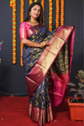 Jyoti Fashion Women's Navy Blue Kanjivaram Silk Zari Woven Saree with Blouse | Grocsy