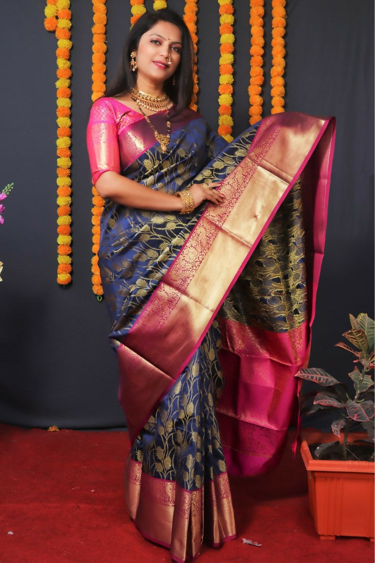 Jyoti Fashion Women's Navy Blue Kanjivaram Silk Zari Woven Saree with Blouse | Grocsy