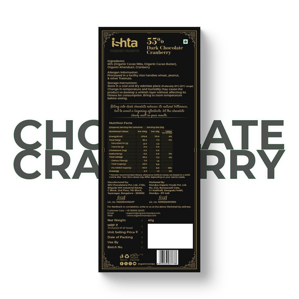 Organic Mandya 55% Dark chocolate with Cranberry | Grocsy