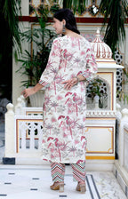 Miravan Women's Cotton Light Pink Scenic Birds And Leaf Straight Pakistani Style Suit Set | Grocsy