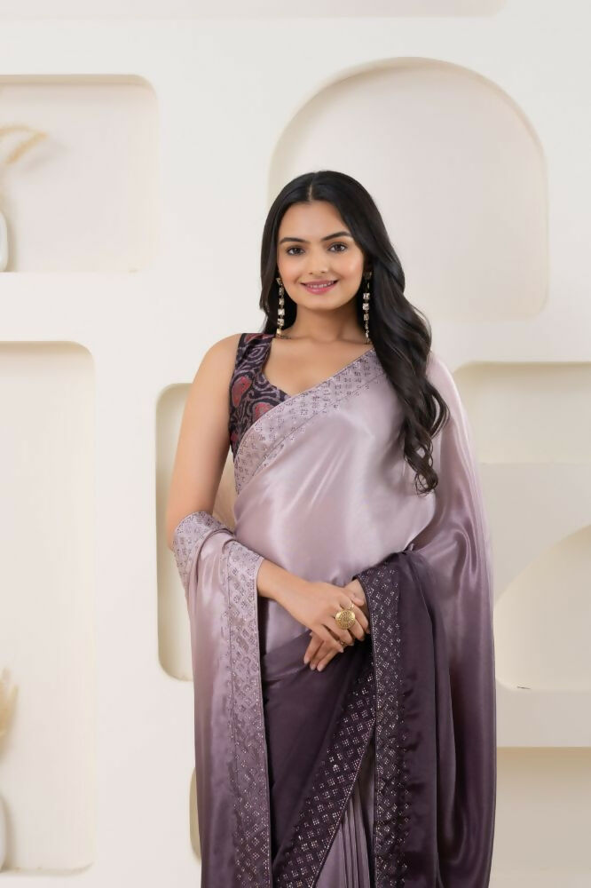 Wine Satin Pedding Designer, Printed Party Wear Ready To Wear Saree - Femina | Grocsy
