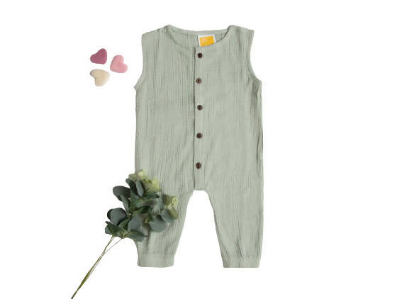 Sunshine Baby Cute Organic Muslin Cotton Sleeveless Full Length Rompers For Babies - Greenish Grey | Grocsy