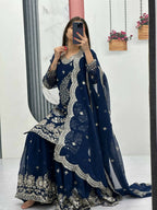 Teeya Creation Womens New Heavy Fox Georgette Fabric With Heavy Embroidery Work Dark-Navy-Blue Kurta Set | Grocsy