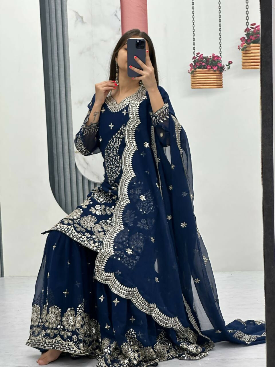 Teeya Creation Womens New Heavy Fox Georgette Fabric With Heavy Embroidery Work Dark-Navy-Blue Kurta Set | Grocsy
