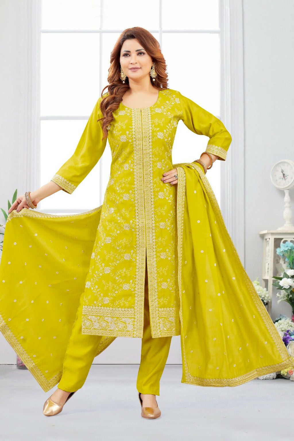Joban Fashion Chanderi Lil Green Color Kurta Set | Grocsy