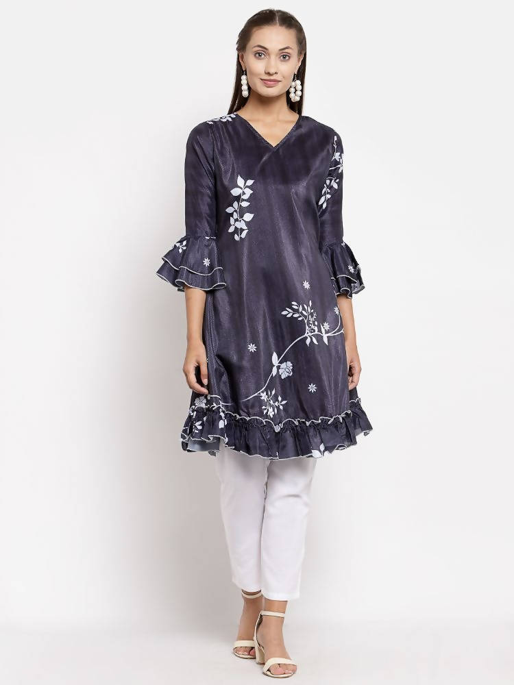 Myshka Women's Black Crep Printed Full Sleeve V Neck Casual Tunic | Grocsy