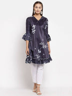 Myshka Women's Black Crep Printed Full Sleeve V Neck Casual Tunic | Grocsy
