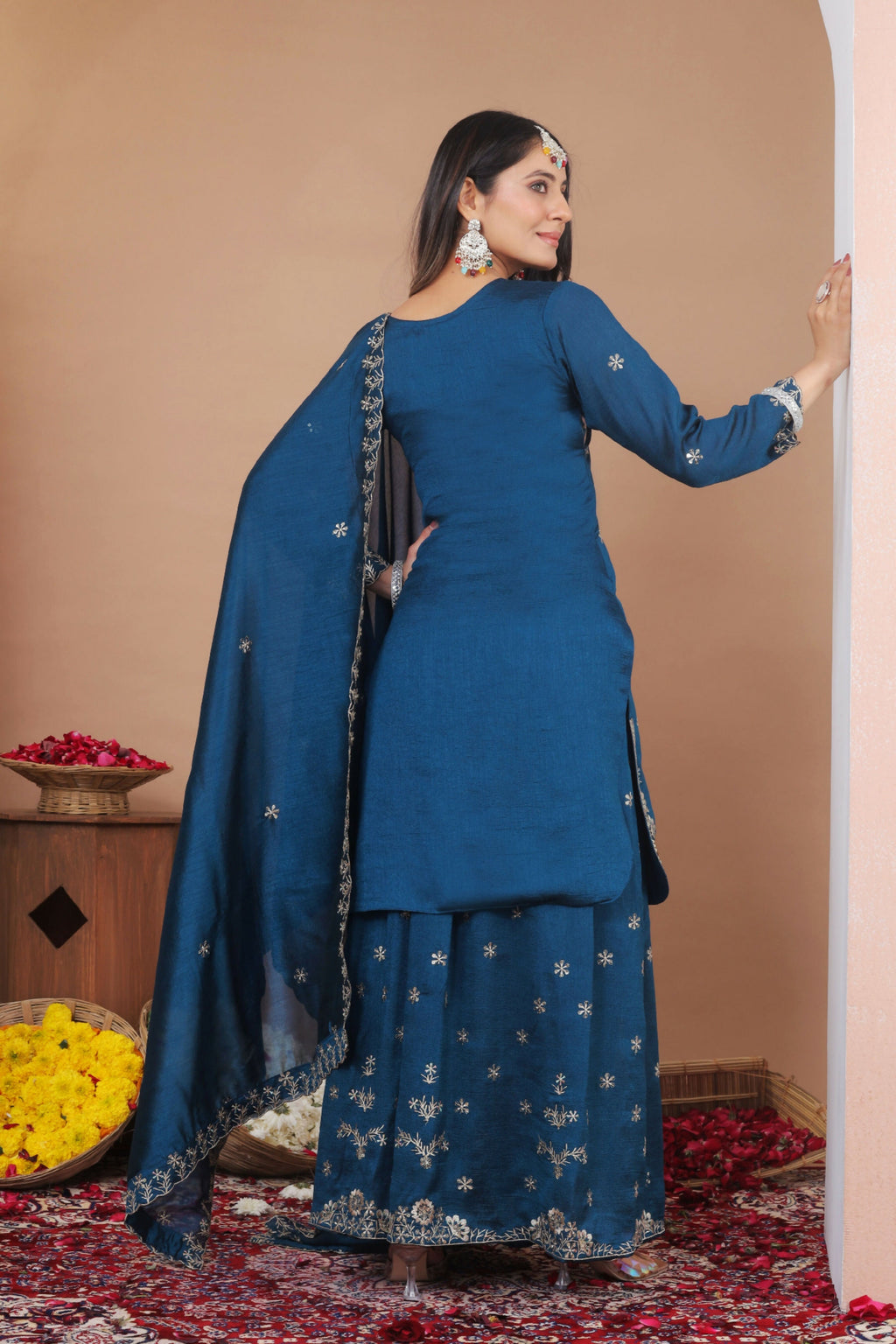 Lehenga Mart Designer Sharara Suit With Kurta, Sharara, Dupatta For Women-Teal Blue | Grocsy
