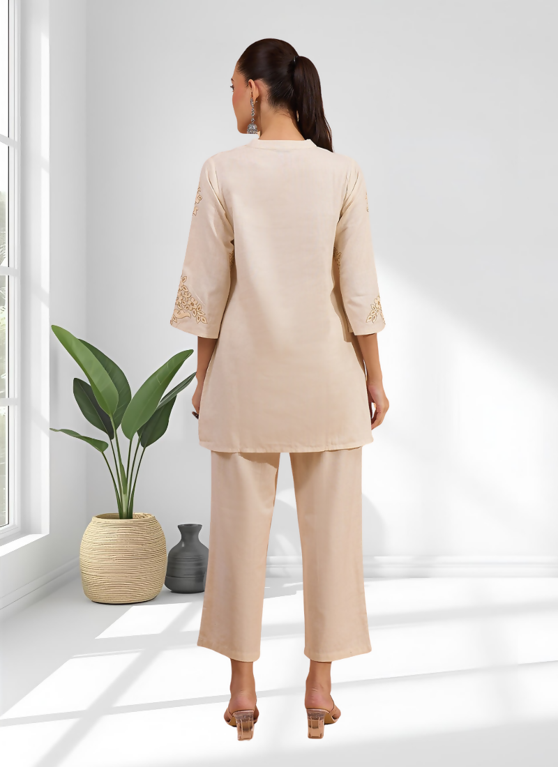 Joban Fashion Beige Linen Embroidered Readymade Cord Set | Grocsy