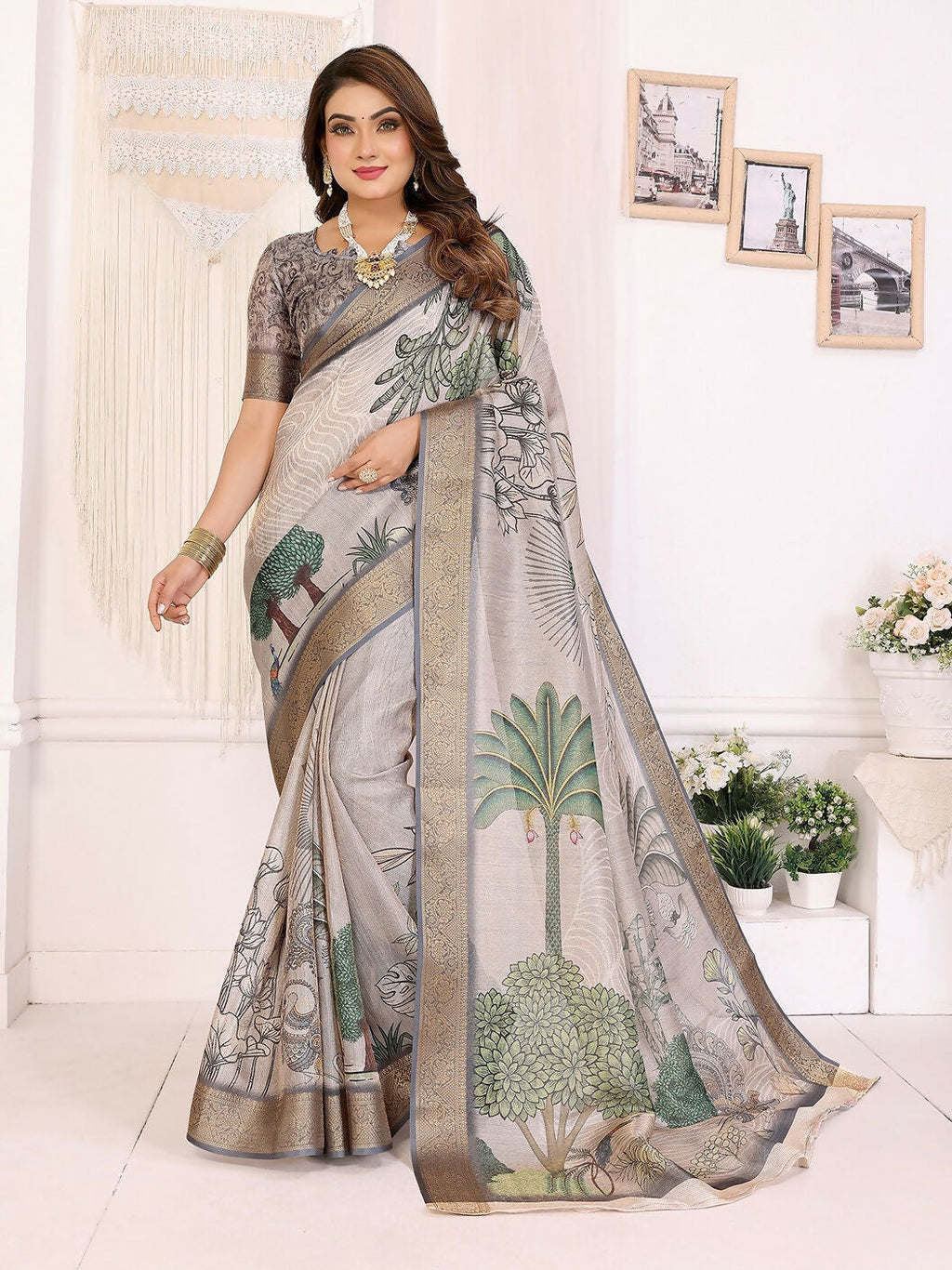 Joban Fashion Mutlicolor Art Print pattern Banarasi Silk Sarees | Grocsy