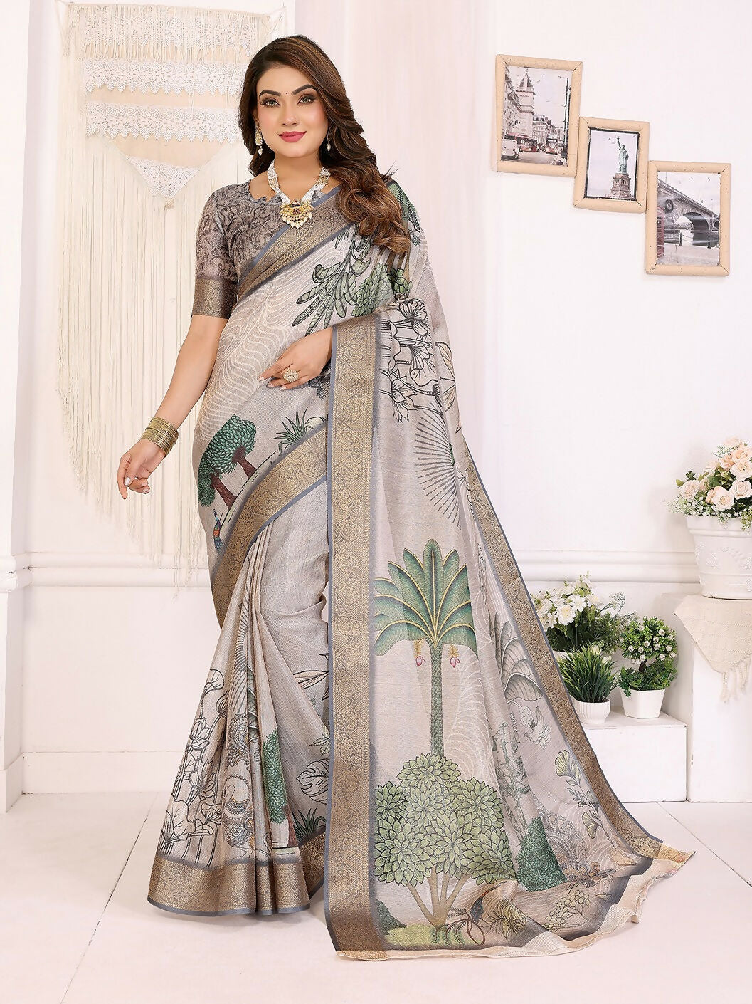 Joban Fashion Mutlicolor Art Print pattern Banarasi Silk Sarees | Grocsy
