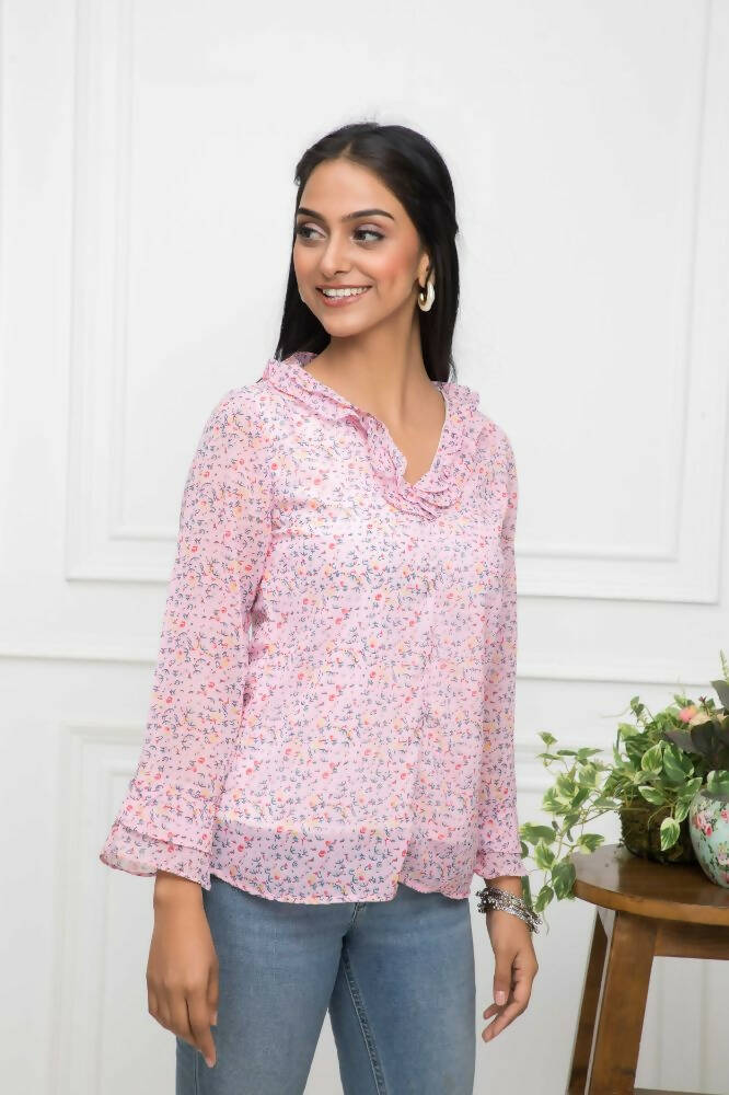 Myshka Women Pink Floral V-Neck Regular Sleeves Synthetic Georgette Top | Grocsy