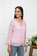 Myshka Women Pink Floral V-Neck Regular Sleeves Synthetic Georgette Top | Grocsy