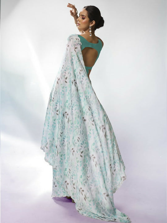 Sea Green Satin Georgette Designer Printed Saree - Shezlin | Grocsy