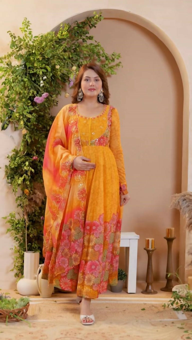 Teeya Creation Multi Color Organza Silk With Digital print With Embroidery Gown | Grocsy