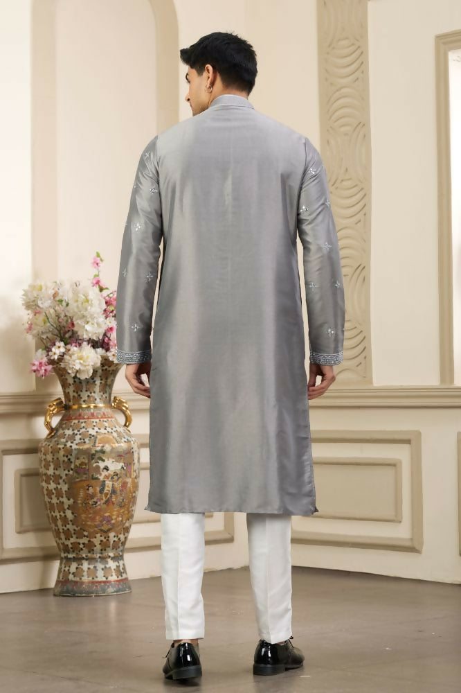 Raivat Ethnic Banarasi Art Silk Thread and Mirror Work Kurta Pajama In Grey Colour | Grocsy