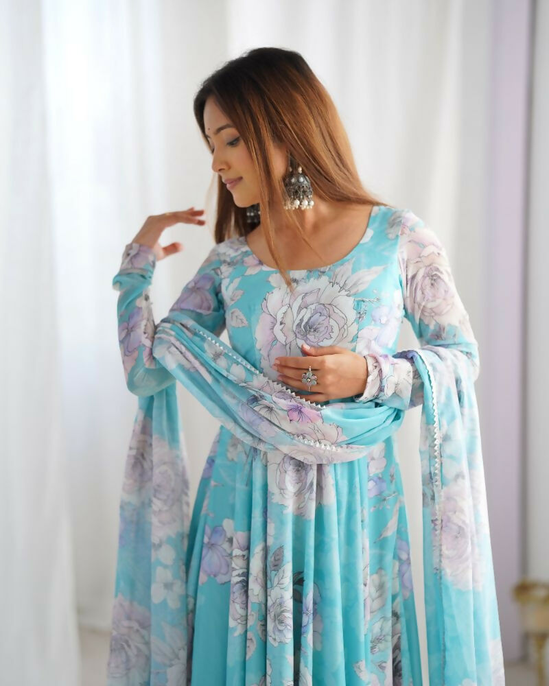 The52 Women's Gorgeous Printed Fox Georgette Fabric Flared Anarkali and Dupatta Set | Grocsy
