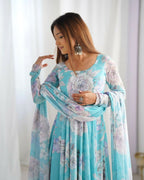 The52 Women's Gorgeous Printed Fox Georgette Fabric Flared Anarkali and Dupatta Set | Grocsy
