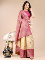 Shree Shyam Fashion Aura Silk Cream Magenta Banarasi Silk Saree | Grocsy