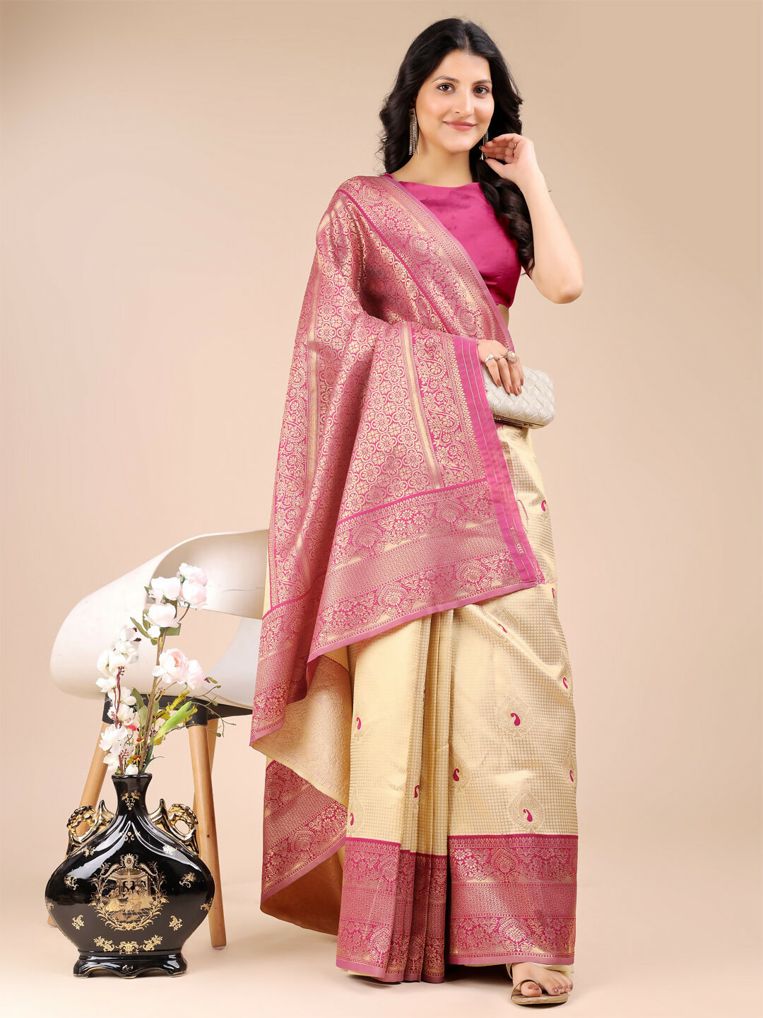 Shree Shyam Fashion Aura Silk Cream Magenta Banarasi Silk Saree | Grocsy