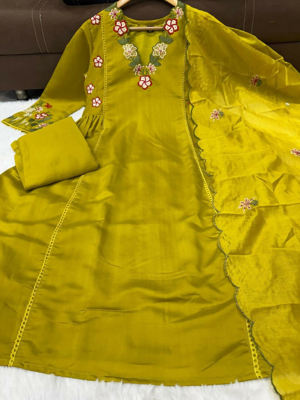 Teeya Creation Olive Green Embroidered Straight Suit Set With Dupatta | Grocsy