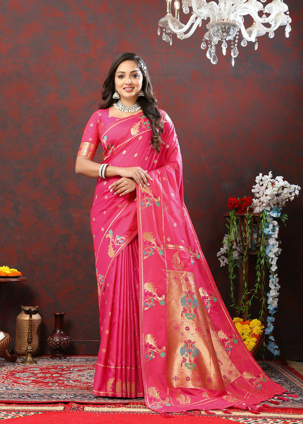Lorenvalley Fashion Pink Soft Paithani Silk Woven Design Copper Zari Meenakari Weaving Saree | Grocsy