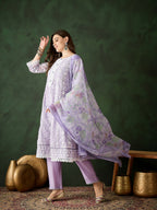 Lavender Crystal Organza schiffli embroidery Kurta With Trouser & Dupatta - Bhumi | Grocsy