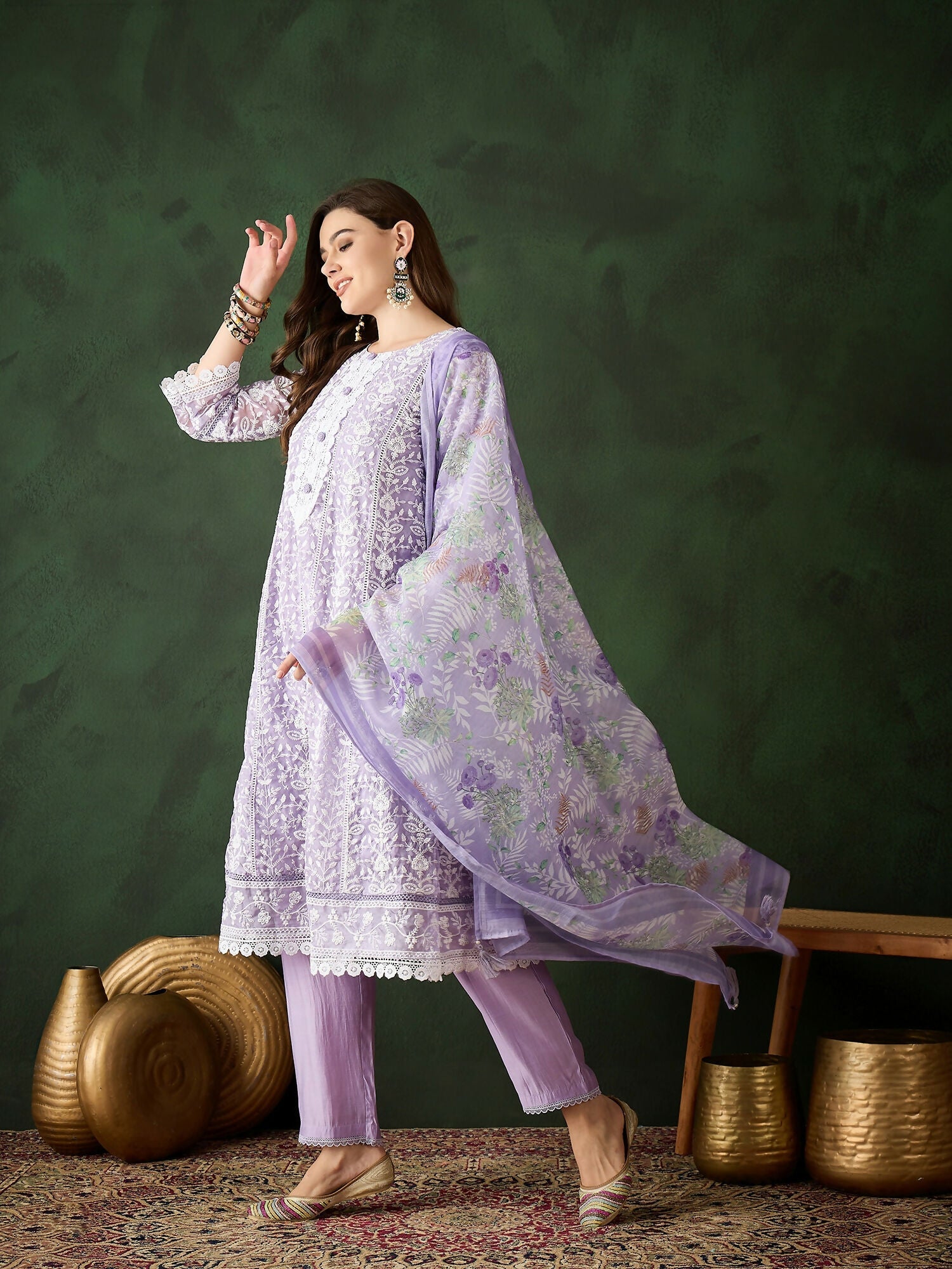 Lavender Crystal Organza schiffli embroidery Kurta With Trouser & Dupatta - Bhumi | Grocsy