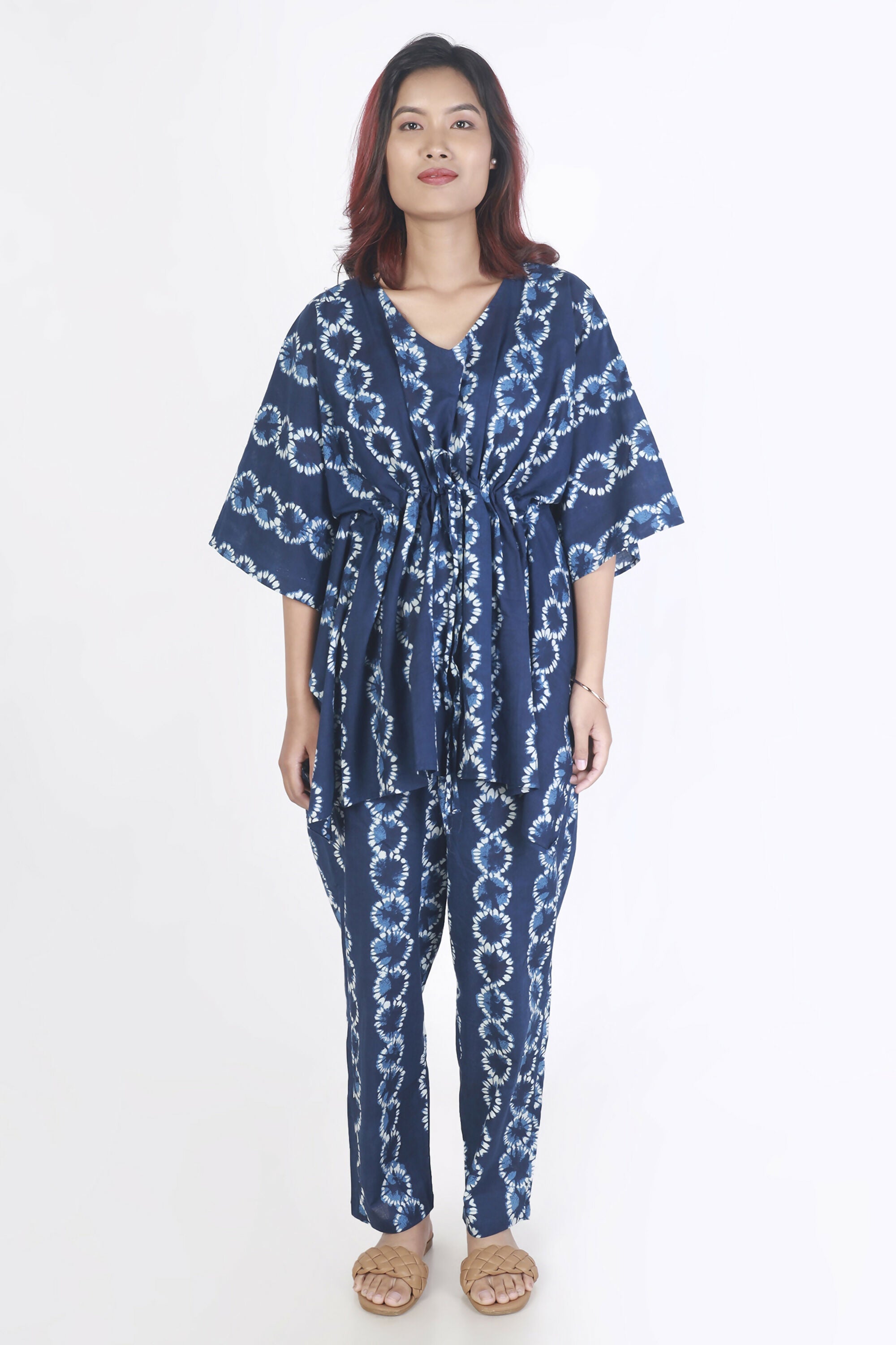 Breathables Women’S Loungewear Kaftan Cotton Blue Abstract Print Co-Ord Set | Grocsy
