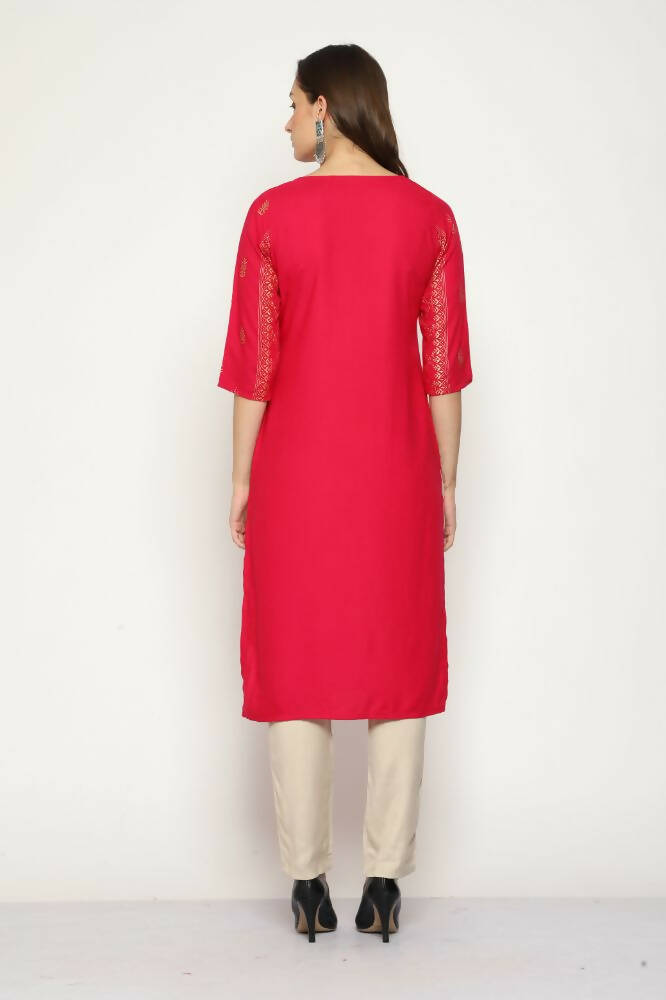 Maai Rayon Hand Printed Kurta Red | Grocsy