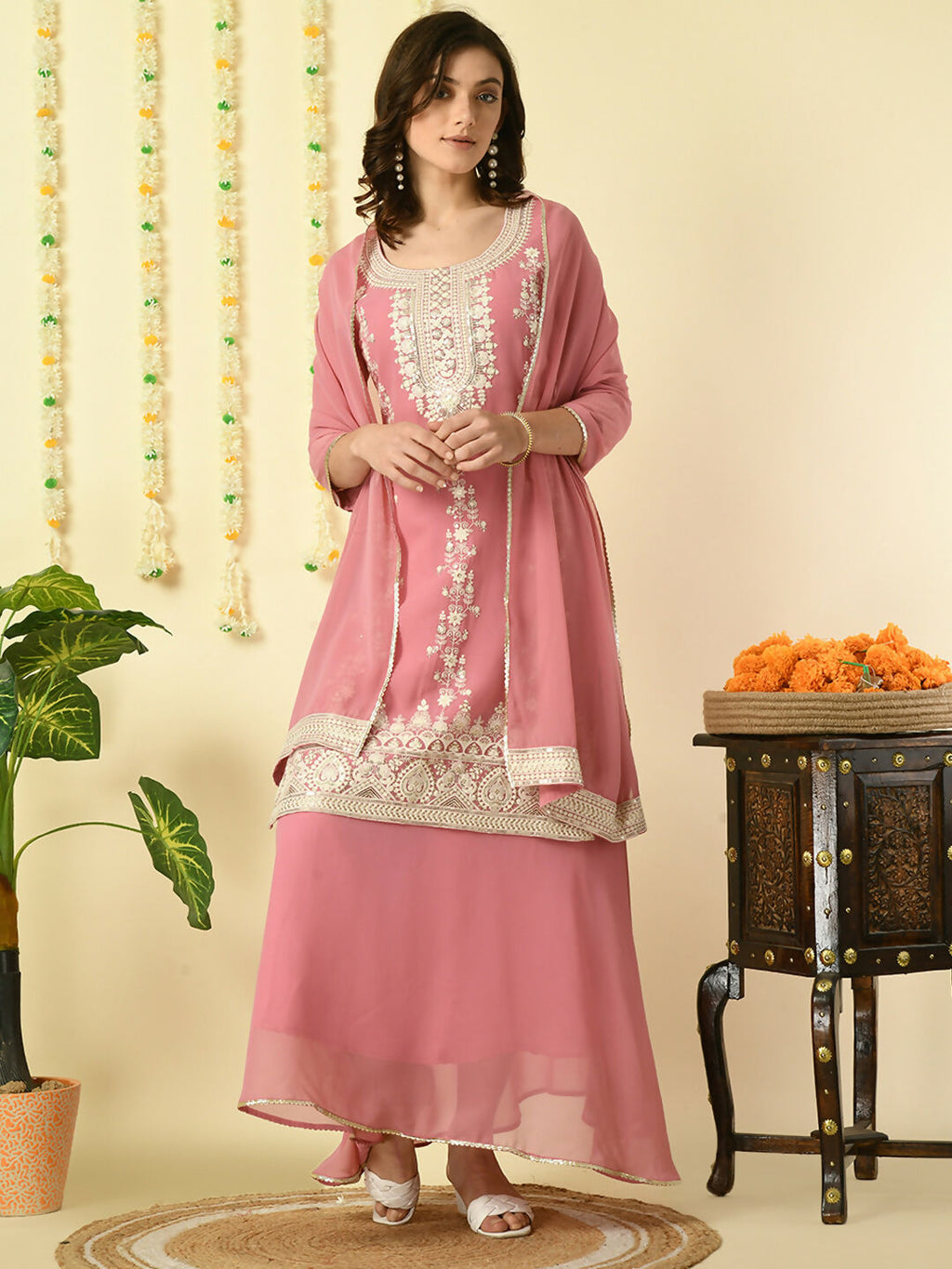 Myshka Women's Pink Georgette Kurta & Skirt With Dupatta Party Sets | Grocsy