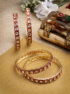 NVR Women's Set Of 4 Gold-Polished Red Kundan-Studded Traditional Bangles | Grocsy
