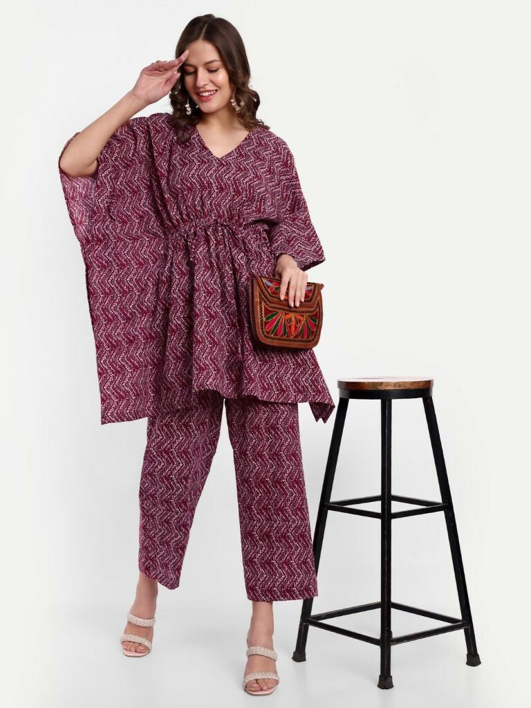 Alvano Printed Kaftan Kurti with Pant Set | Grocsy