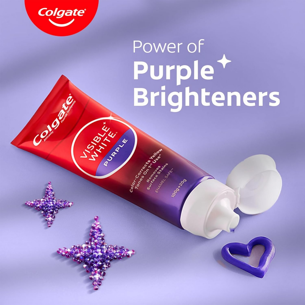 Colgate Visible White Purple Toothpaste For Teeth Whitening Helps Remove Surface Stains, Whitens Yellow | Grocsy