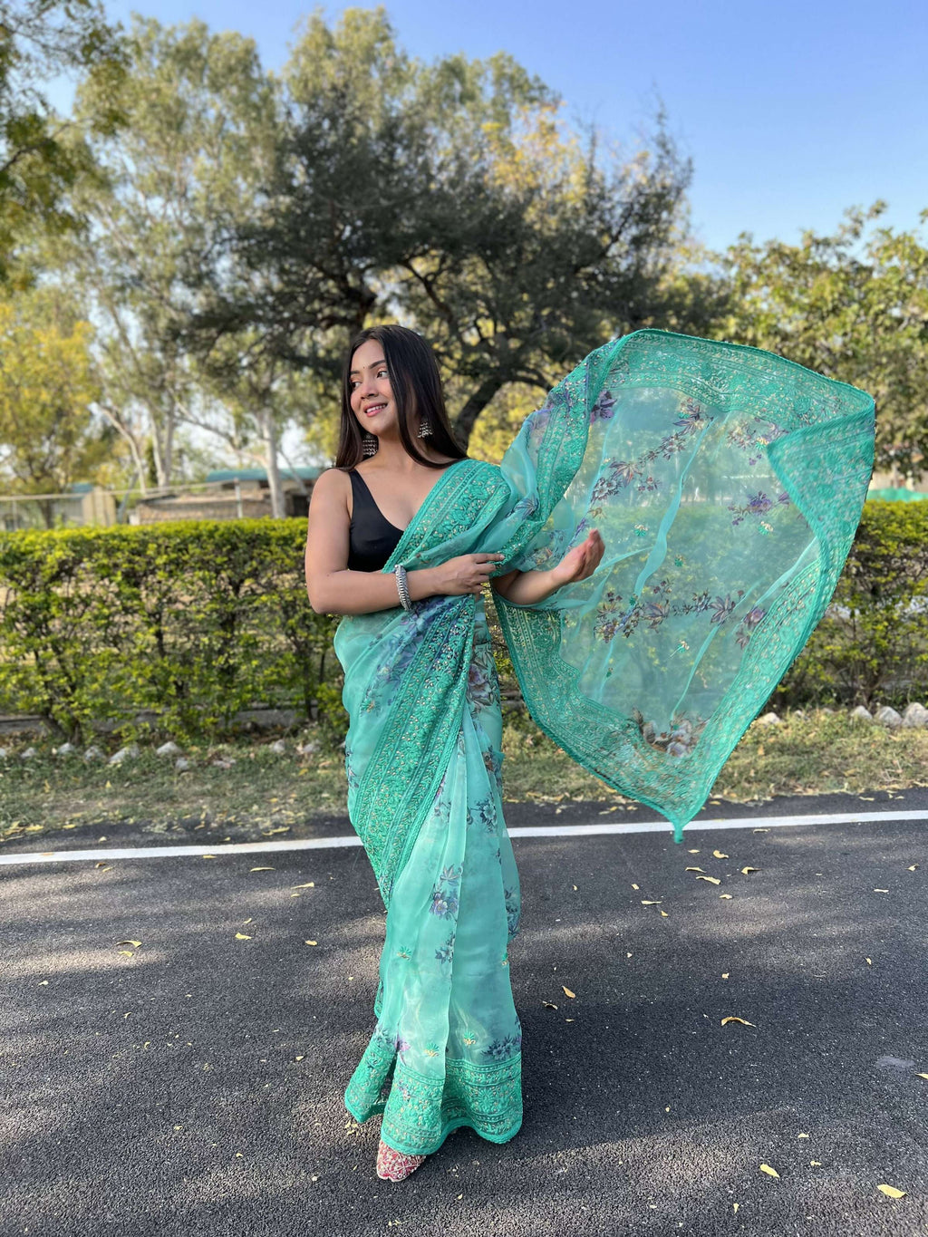 Vamsee Vidhi 1 Blue Organza Saree | Grocsy