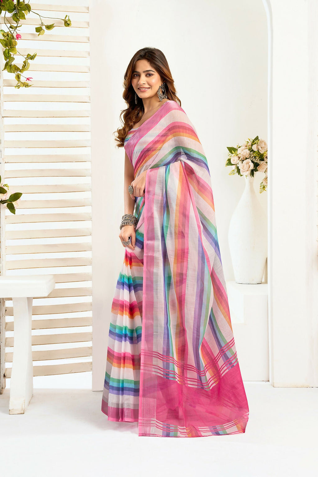 Vastranavya Rainbow Digital Printed Linen Ready To Wear Designer Saree with Unstitched Blouse | Grocsy