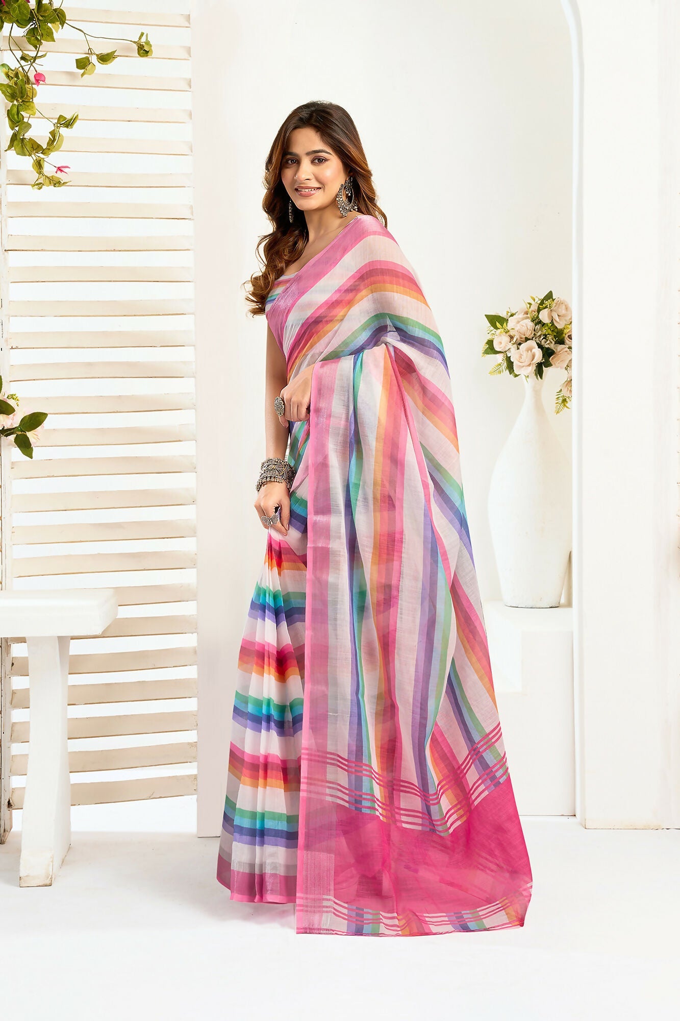Vastranavya Rainbow Digital Printed Linen Ready To Wear Designer Saree with Unstitched Blouse | Grocsy