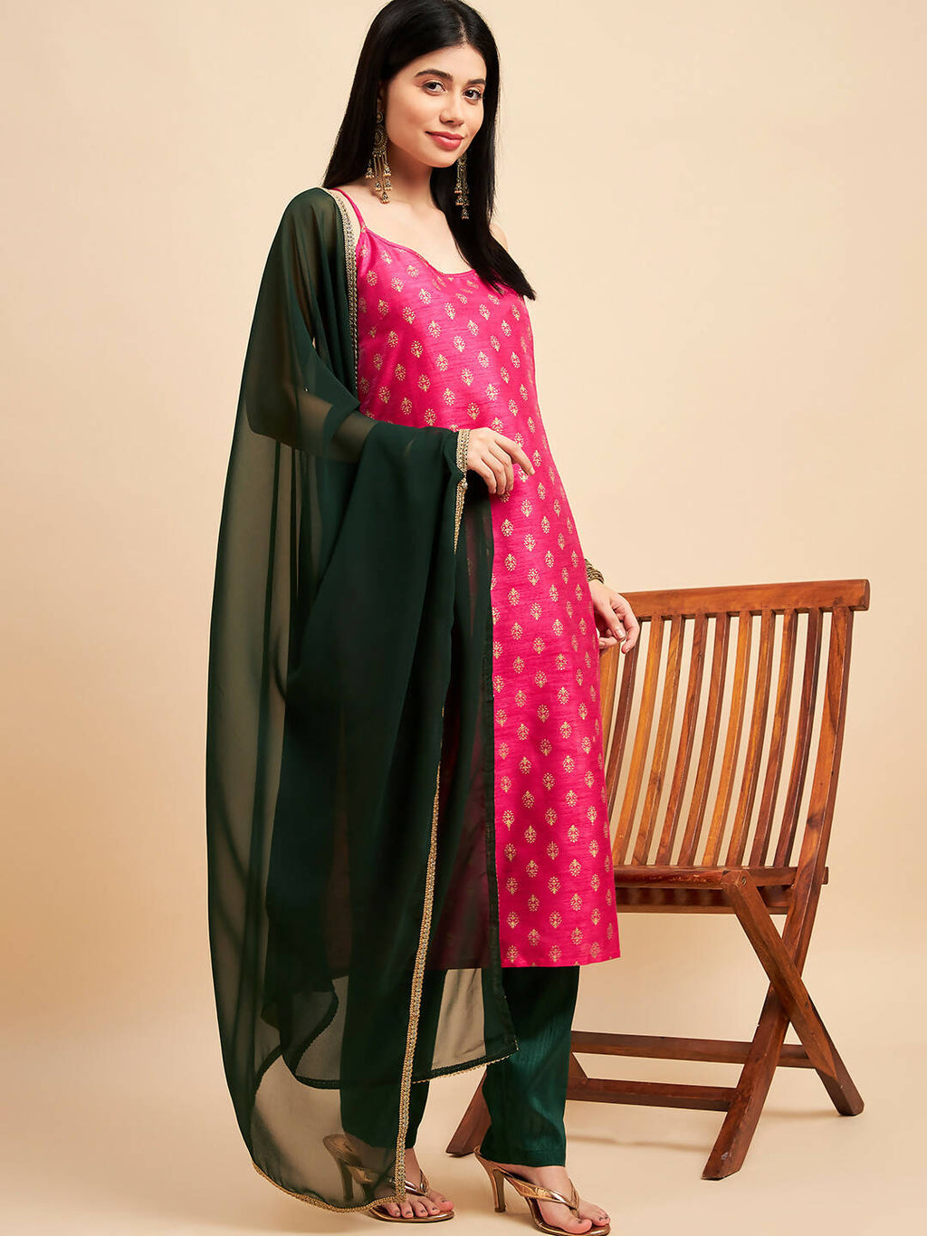 Magenta Pink and Green Polyester Printed Kurta with Trousers & Dupatta - Vishwa | Grocsy
