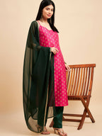 Magenta Pink and Green Polyester Printed Kurta with Trousers & Dupatta - Vishwa | Grocsy
