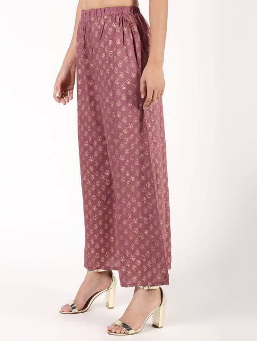 Aniyah Rayon Block Print Flared Pink Palazzo Dusty (AN-158K) | Grocsy