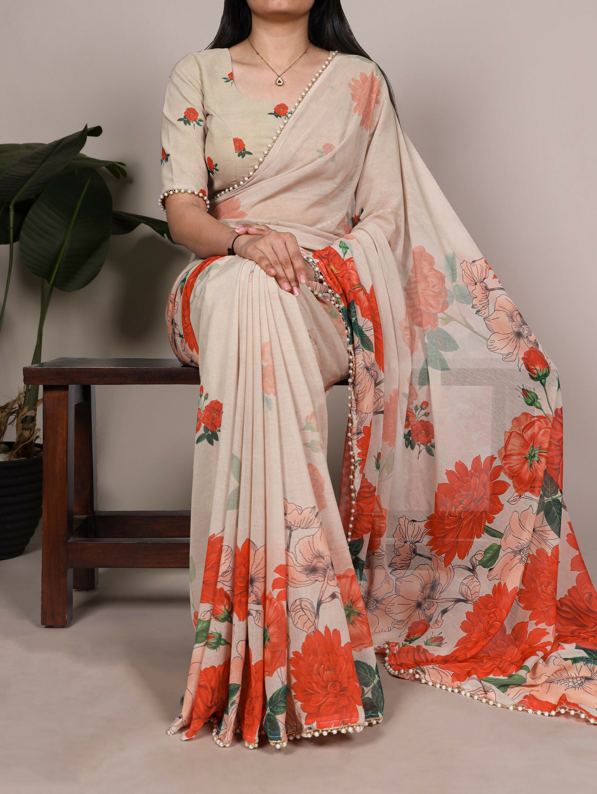 Vastranavya Off White Weightless Marble and Floral Printed Georgette Saree with Unstitched Blouse | Grocsy