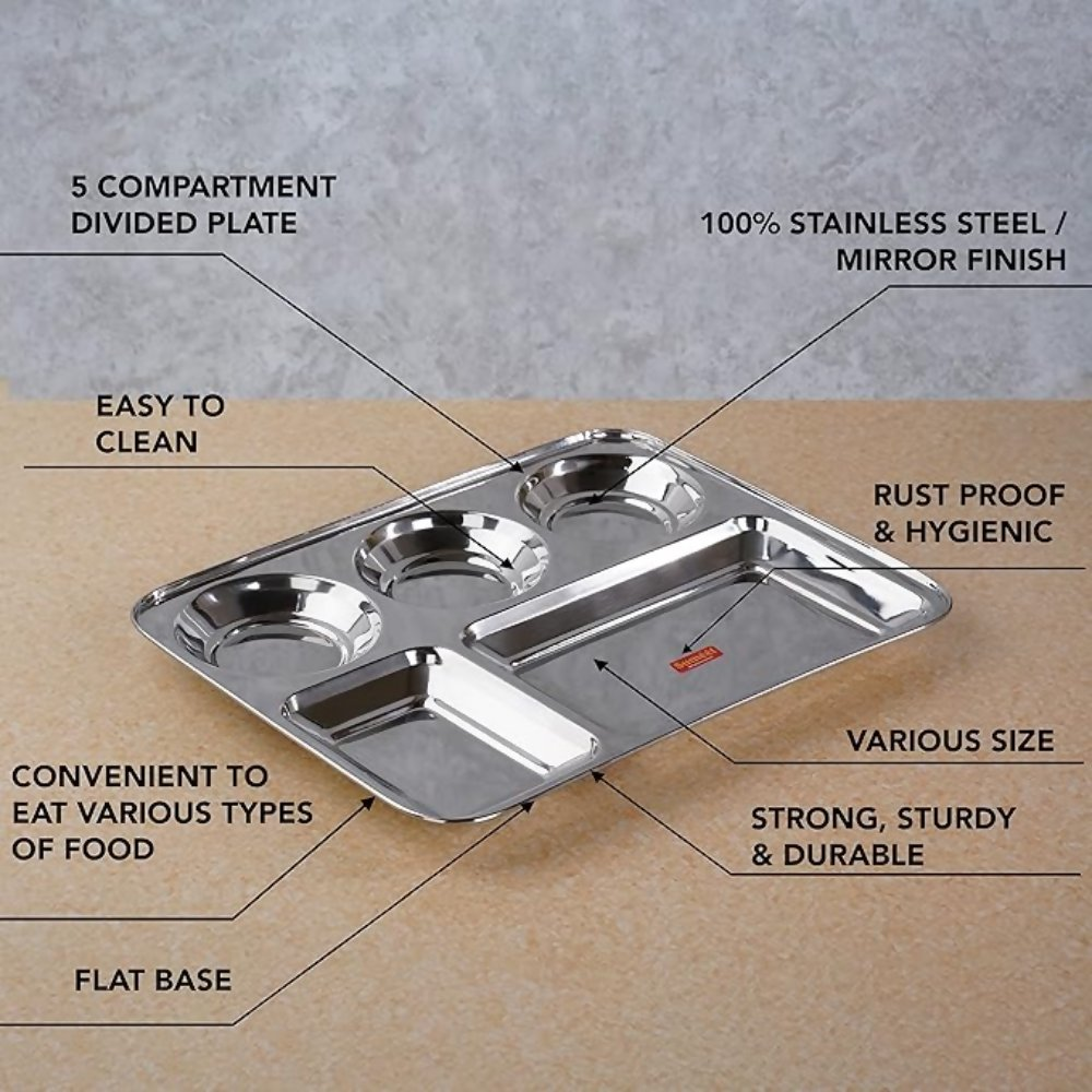 Sumeet Stainless Steel Rectangular 5 in 1 Compartment Lunch/Dinner Plate - small | Grocsy