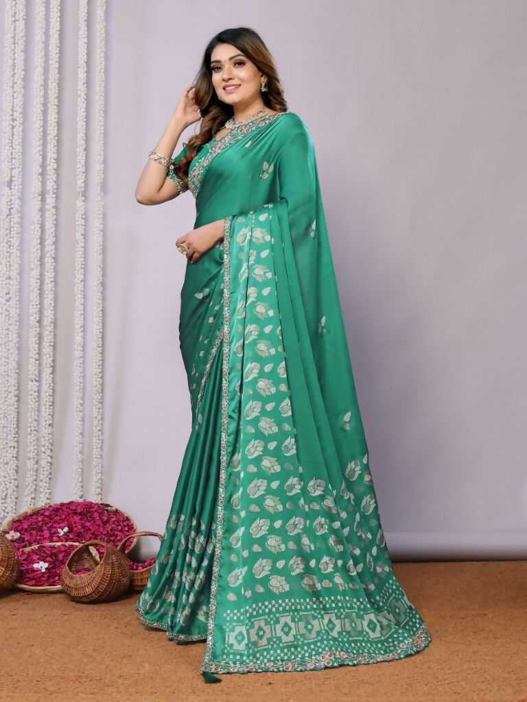 Green Gajji Silk Cord Jari Thread Stone Sequence Saree - Norita Saumya | Grocsy