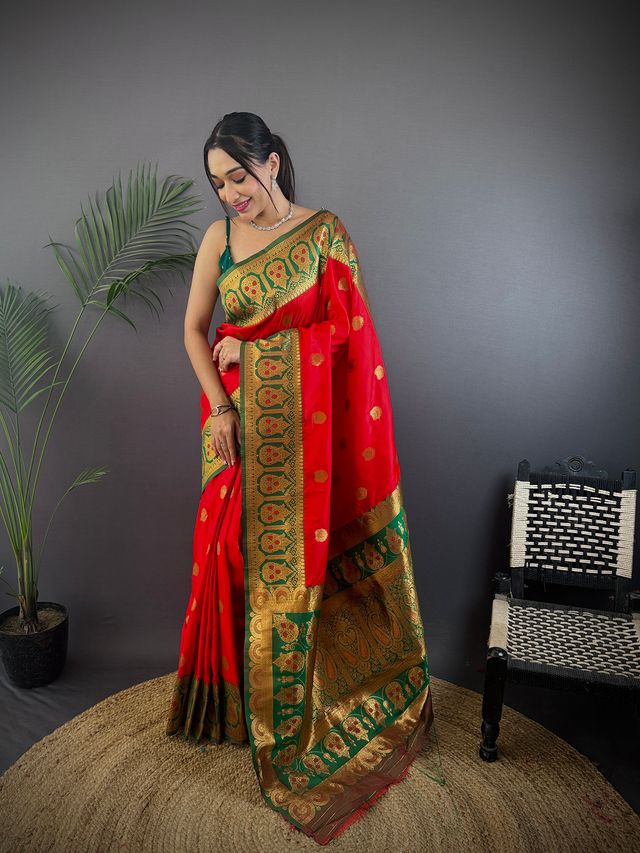Elora Red Soft Silk Butti Zari Weaving Constrast Pallu Banarasi Saree | Grocsy