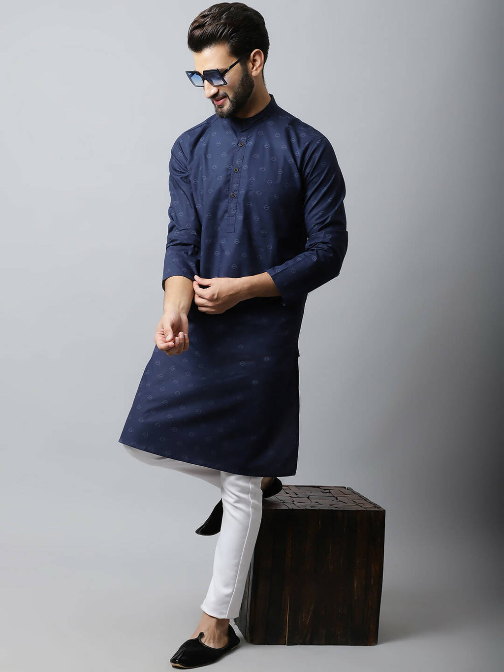 Even Apparels Navy blue Color Pure Cotton Men's Kurta With Band Collar (PRT1184-NVC) | Grocsy