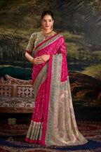 Vastranavya Pink Silk Madhubani & Bandhej Fusion Print Saree with Unstitched Blouse | Grocsy