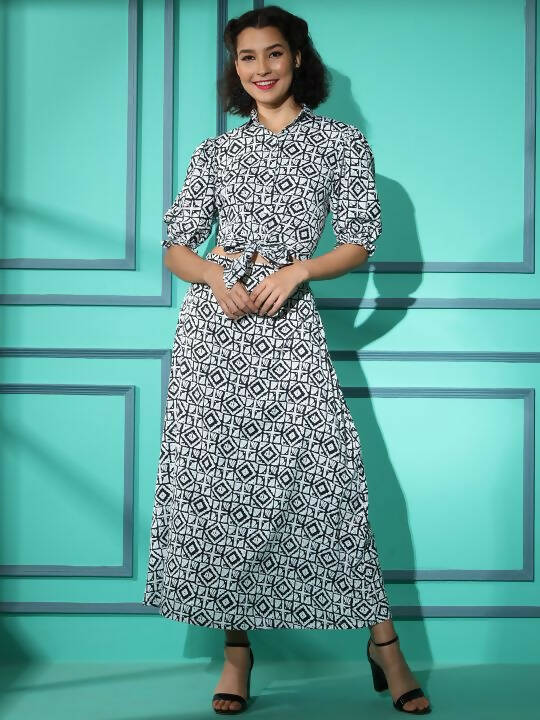 White Crepe Geometric Printed Top with Matching Skirt - Shivani | Grocsy