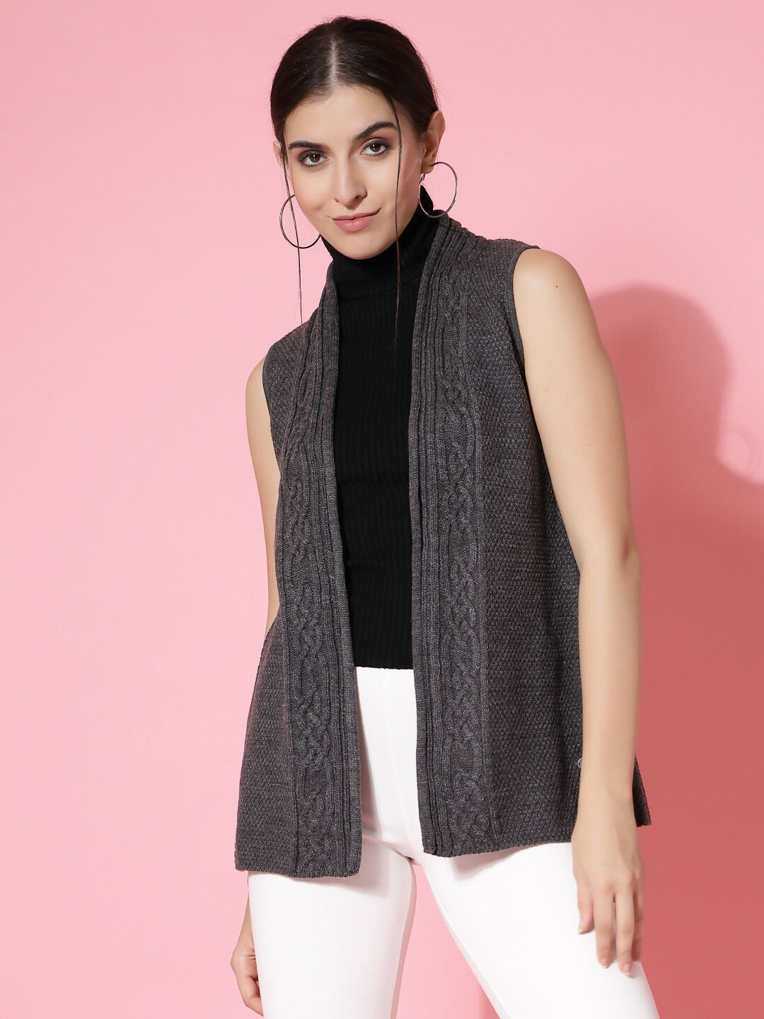Women Charcoal Acrylic Self Design Winter Cardigan - Wool Trees | Grocsy